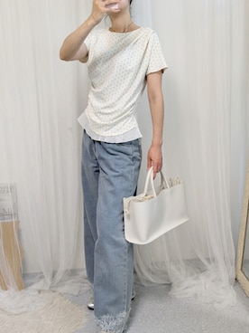 「SENSE OF PLACE by URBAN RESEARCH（センスオブプレイスバイアーバンリサーチ）のフリルドレープトップ（Tシャツ/カットソー、ホワイト系）」を使った、yu.さん（レディース・165cm）の夏コーディネート