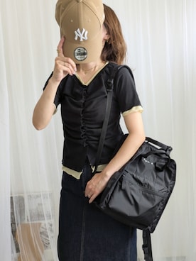 「tiptop（ティップトップ）の配色前ギャザーT（Tシャツ/カットソー、ブラック系）」を使った、yu.さん（レディース・165cm）の夏コーディネート