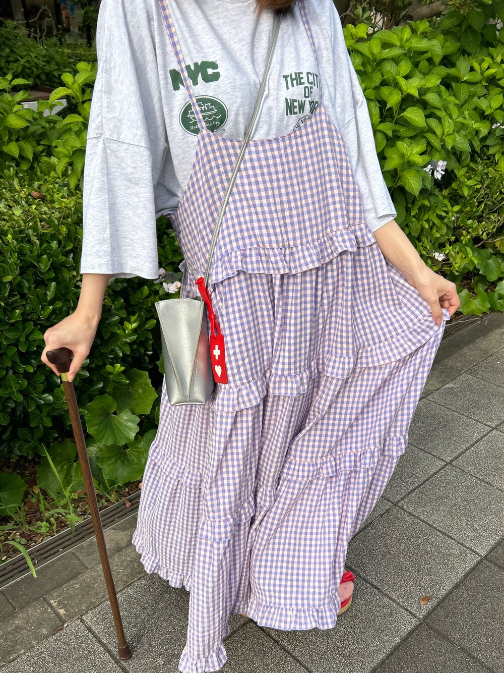 「今日のコーデ、楽チンコーデ、alleybywcloset、ワンピースコーデ、お出かけコーデ、サンダル」｜「w closetのアイテム（ジャケット/アウター、ベージュ系）」を使った、yuk.さん（レディース・156cm）の夏コーディネートの1枚目の写真
