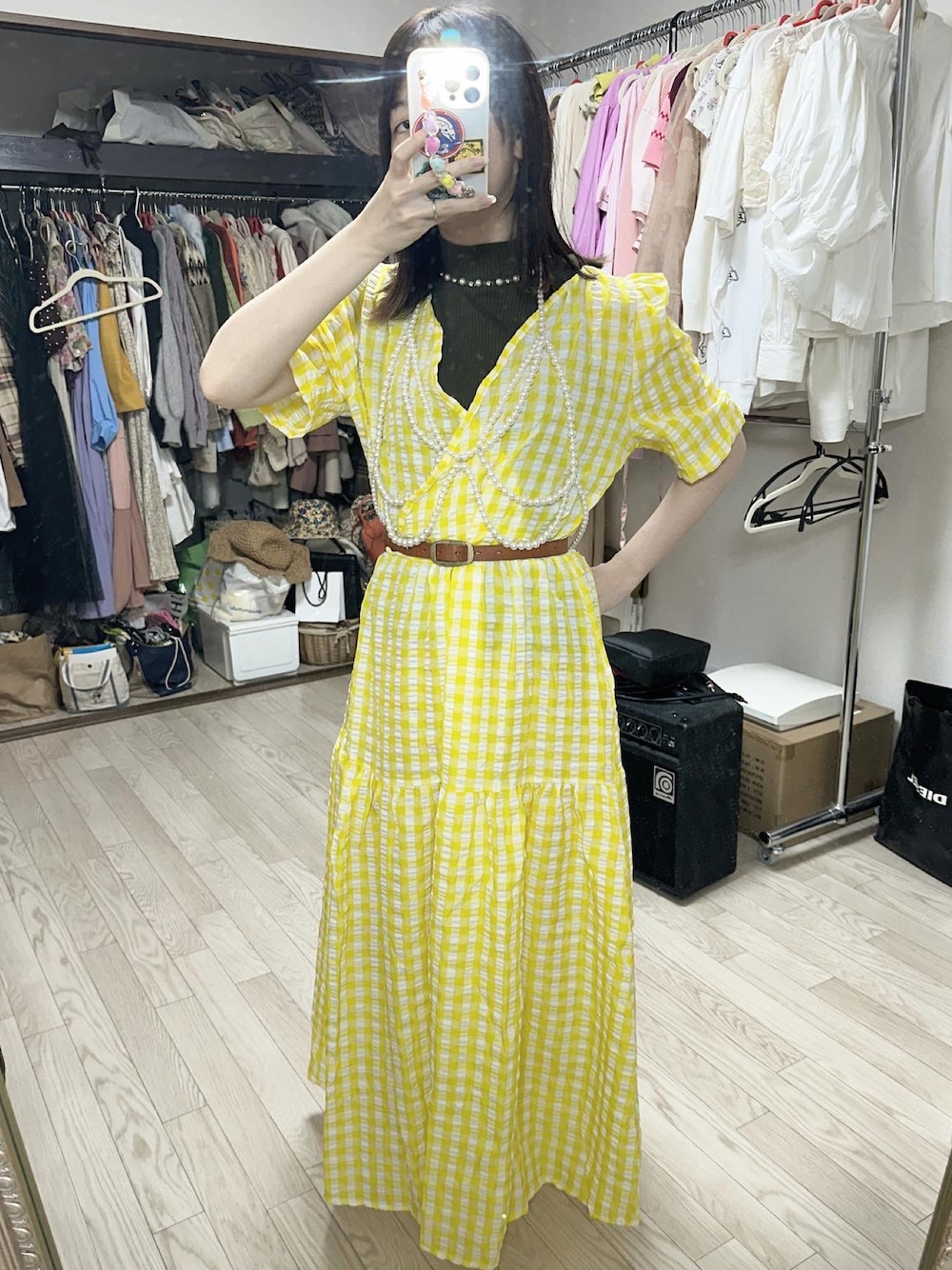 「今日のコーデ、お洒落さんとつながりたい、ロングワンピース、いいね、save、フォローお願いします🤑、ガーリーコーデ」｜「no brandのアイテム（ワンピース、イエロー系）」を使った、yuk.さん（レディース・156cm）の夏コーディネートの1枚目の写真