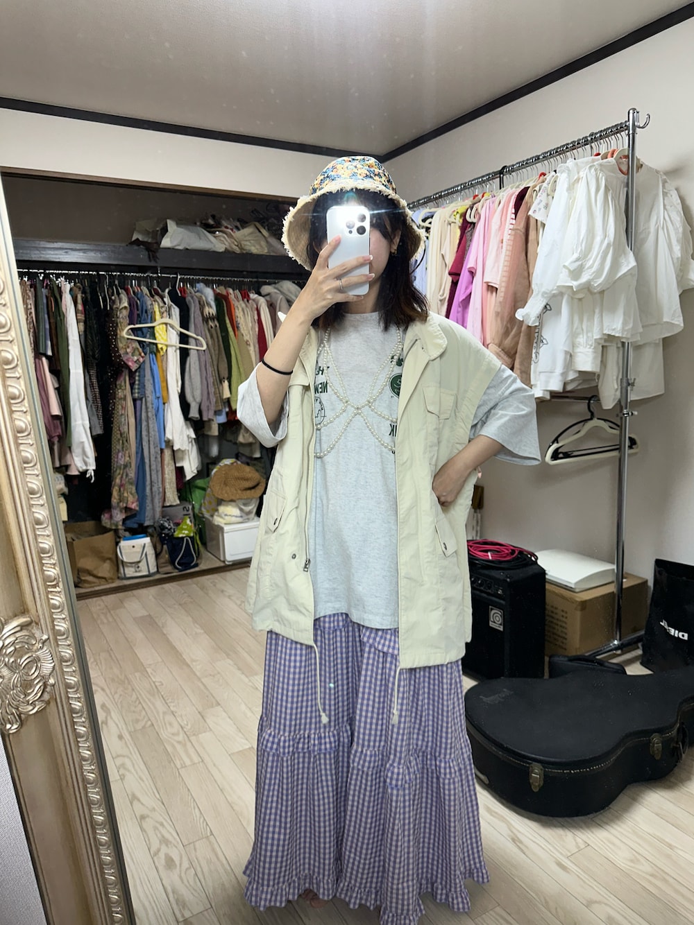 「今日のコーデ、お洒落さんとつながりたい、カジュアルガーリー、夏コーデ、ワンピースコーデ、重ね着コーデ」｜「CasseliniのCasselini/リバーシブルバケッハット（ハット、その他）」を使った、yuk.さん（レディース・156cm）の夏コーディネートの1枚目の写真
