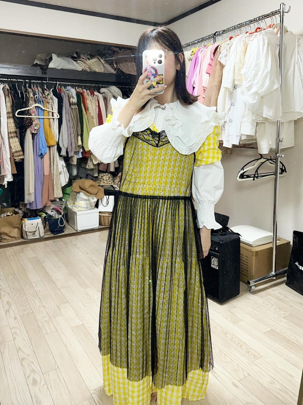 「お洒落さんとつながりたい、今日のコーデ、ロングワンピース、ギンガムチェック、いいね、save、フォローお願いします🤑、重ね着コーデ」｜「no brandのアイテム（ワンピース、イエロー系）」を使った、yuk.さん（レディース・156cm）の夏コーディネートの1枚目の写真