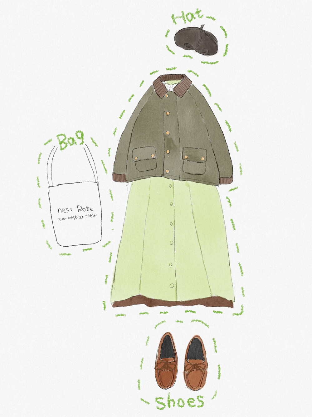 「ベレー帽、ゆったりコーデ、秋服、ブラウン×グリーン、kazumiコラボ」｜「FREAK'S STOREの▽WEB限定 BRITISH KHAKI×FREAK'S STORE/ブリティッシュカーキ 別注 ビッグシルエット ウールハンティングジャケット（ブルゾン、ブラウン系）」を使った、comさん（レディース・162cm）の秋コーディネートの1枚目の写真