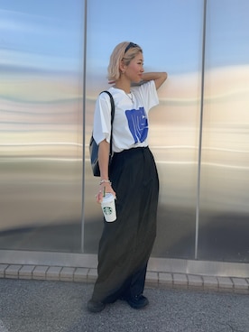 「MIRROR STOKE（ミラーストーク）の≪WEB限定≫【新色追加】MS LOGO TSHIRT/ミラーストークロゴティーシャツ（T恤/上装、ホワイト系）」を使った、12anna23さん（レディース・158cm）の春コーディネート