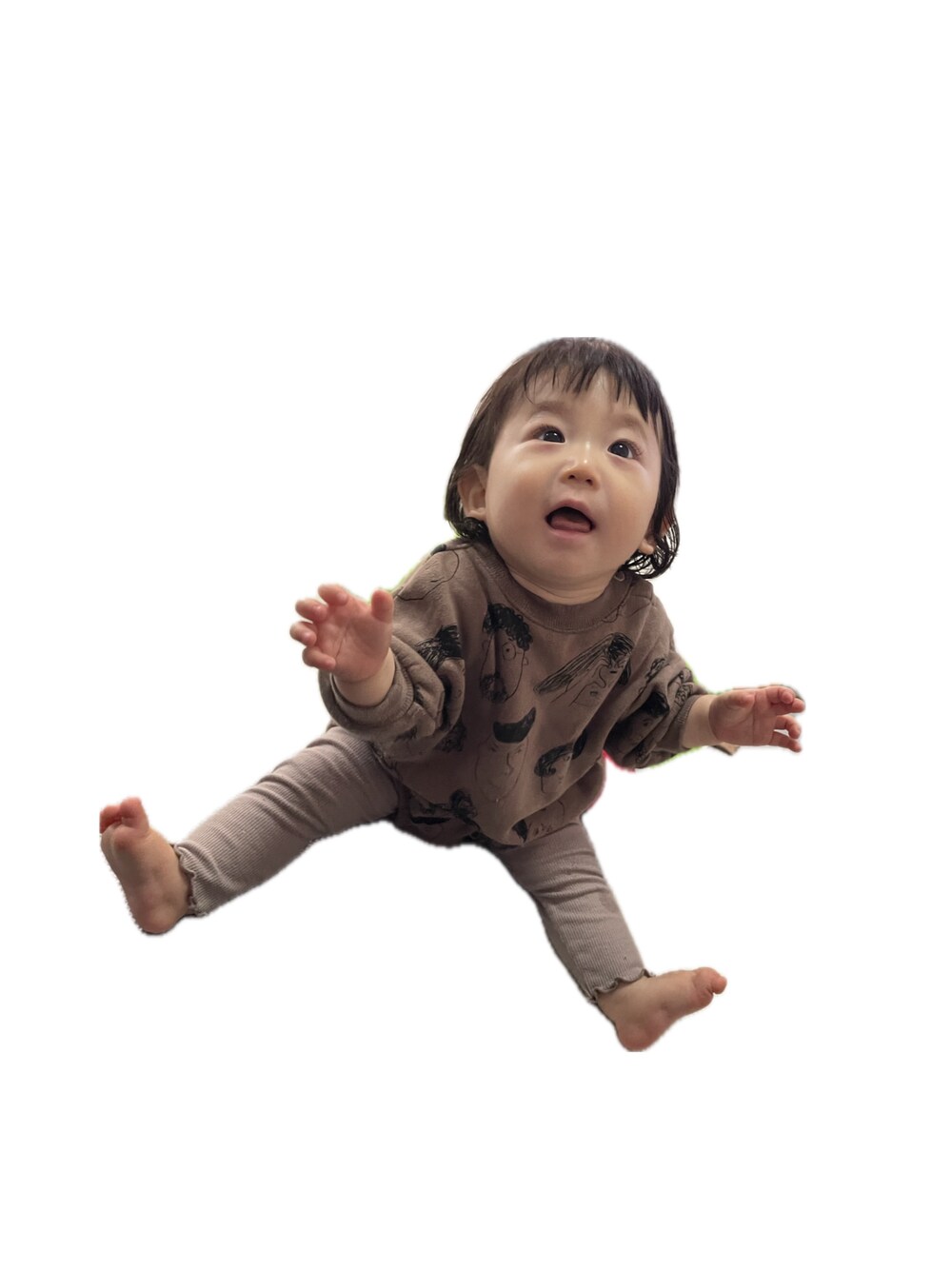 「赤ちゃん、10ヶ月、男の子ベビー、男の子、make your day、西松屋」｜「MAKE YOUR DAYのいろんな顔総柄裏毛ロンパース■70.80cm（ロンパース、ブラウン系）」を使った、そらひなさん（キッズ・80cm）の冬コーディネートの1枚目の写真