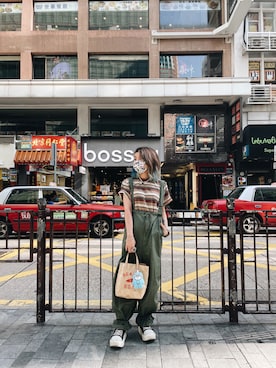 「BEAMS BOY（ビームスボーイ）のBEAMS BOY / BOY マルチボーダー クルーネック ショートスリーブ Tシャツ（Tシャツ/カットソー、ブラウン系）」を使った、A S U K A さん（レディース・153cm）の春コーディネート