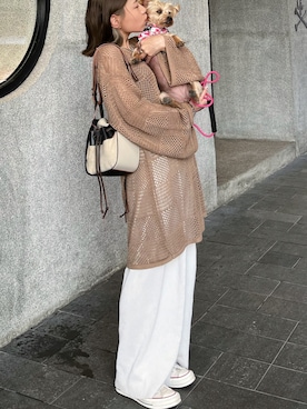 「LOEWE（ロエベ）のハンモック ドローストリング バッグ ミニ (クラシックカーフ＆リネン)（ハンドバッグ、ホワイト系）」を使った、KinkiiFongさん（レディース・153cm）の春コーディネート