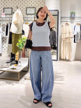 「A part by（アパートバイ）のレイヤードヘンリーネックプルオーバー（Tシャツ/カットソー、ブラウン系）」を使った、maruさん（レディース・158cm）の夏コーディネート