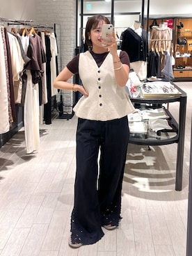 「A part by（アパートバイ）のブークレペプラムニットノースリーブ（ベスト、ホワイト系）」を使った、maruさん（レディース・158cm）の夏コーディネート