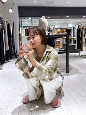 「A part by（アパートバイ）のチェックシャツ_長袖（シャツ/ブラウス、グリーン系）」を使った、maruさん（レディース・158cm）の夏コーディネート