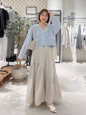 「A part by（アパートバイ）のツイードVカーディガン（カーディガン/ボレロ、ブルー系）」を使った、maruさん（レディース・158cm）の春コーディネート