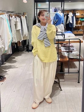 「A part by（アパートバイ）のスラックスコクーンボリュームパンツ（スラックス、ホワイト系）」を使った、maruさん（レディース・158cm）の春コーディネート