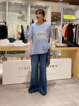 「CIAOPANIC TYPY（チャオパニックティピー）のアシッド加工裏毛フレンチスリーブロゴトップス（Tシャツ/カットソー、ブルー系）」を使った、ささきともみさん（レディース・158cm）の夏コーディネート