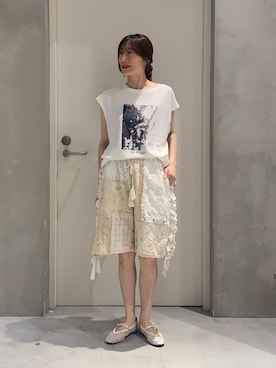 「CIAOPANIC TYPY（チャオパニックティピー）の【夏も快適/ドライタッチ】アソートフォトプリントフレンチスリーブTee（Tシャツ/カットソー、ホワイト系）」を使った、ささきともみさん（レディース・158cm）の夏コーディネート