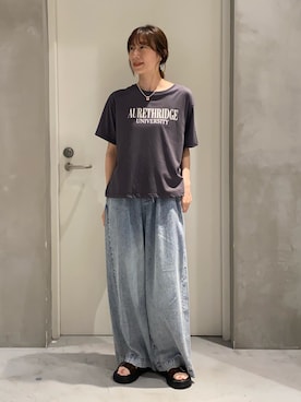「CIAOPANIC TYPY（チャオパニックティピー）の∴【接触冷感】ロゴプリントTee（Tシャツ/カットソー、グレー系）」を使った、ささきともみさん（レディース・158cm）の夏コーディネート