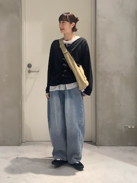 「CIAOPANIC TYPY（チャオパニックティピー）のフロントタックレイヤードライクメランジリブカーデ（カーディガン/ボレロ、ブラック系）」を使った、ささきともみさん（レディース・158cm）の春コーディネート