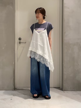 「CIAOPANIC TYPY（チャオパニックティピー）の【夏も快適/ドライタッチ】アソートフォトプリントフレンチスリーブTee（Tシャツ/カットソー、グレー系）」を使った、ささきともみさん（レディース・158cm）の夏コーディネート