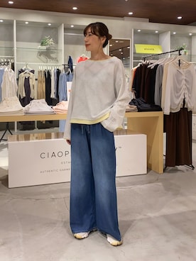 「CIAOPANIC TYPY（チャオパニックティピー）の【接触冷感/一枚で決まる】フェイクレイヤードシアースラブ刺繍オーバーTee（Tシャツ/カットソー、グレー系）」を使った、ささきともみさん（レディース・158cm）の夏コーディネート