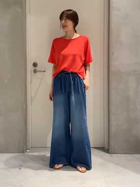 「CIAOPANIC TYPY（チャオパニックティピー）の【接触冷感/二の腕カバーも叶う◎】配色ラグラン半袖ニットTee（ニット/セーター、レッド系）」を使った、ささきともみさん（レディース・158cm）の夏コーディネート