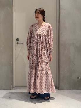 「CIAOPANIC TYPY（チャオパニックティピー）の【Aguni】リーフプリントボリュームワンピース（ワンピース、レッド系）」を使った、ささきともみさん（レディース・158cm）の夏コーディネート
