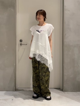 「CIAOPANIC TYPY（チャオパニックティピー）の【夏も快適/ドライタッチ】アソートフォトプリントフレンチスリーブTee（Tシャツ/カットソー、ホワイト系）」を使った、ささきともみさん（レディース・158cm）の夏コーディネート
