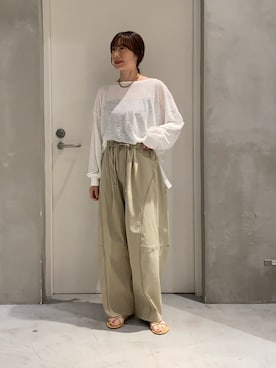 「CIAOPANIC TYPY（チャオパニックティピー）のシアーボーダーロンTee（Tシャツ/カットソー、ホワイト系）」を使った、ささきともみさん（レディース・158cm）の夏コーディネート