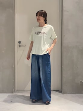 「CIAOPANIC TYPY（チャオパニックティピー）の∴【接触冷感】ロゴプリントTee（Tシャツ/カットソー、グリーン系）」を使った、ささきともみさん（レディース・158cm）の夏コーディネート