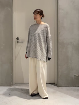 「CIAOPANIC TYPY（チャオパニックティピー）のシアーボーダーロンTee（Tシャツ/カットソー、グレー系）」を使った、ささきともみさん（レディース・158cm）の夏コーディネート