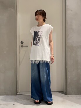 「CIAOPANIC TYPY（チャオパニックティピー）の【夏も快適/ドライタッチ】アソートフォトプリントフレンチスリーブTee（Tシャツ/カットソー、ホワイト系）」を使った、ささきともみさん（レディース・158cm）の夏コーディネート