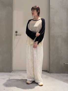 「CIAOPANIC TYPY（チャオパニックティピー）のボタニカルワイドイージーレースパンツ（その他パンツ、ホワイト系）」を使った、ささきともみさん（レディース・158cm）の春コーディネート