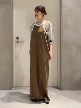 「CIAOPANIC TYPY（チャオパニックティピー）のシアーボーダーロンTee（Tシャツ/カットソー、グレー系）」を使った、ささきともみさん（レディース・158cm）の夏コーディネート