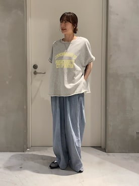 「CIAOPANIC TYPY（チャオパニックティピー）のアシッド加工裏毛フレンチスリーブロゴトップス（Tシャツ/カットソー、グレー系）」を使った、ささきともみさん（レディース・158cm）の夏コーディネート