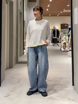 「CIAOPANIC TYPY（チャオパニックティピー）の【3サイズ展開】デニムバレルイージーパンツ（デニムパンツ、ブルー系）」を使った、ささきともみさん（レディース・158cm）の春コーディネート