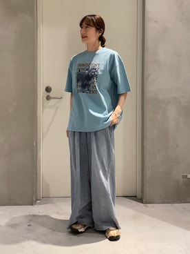「CIAOPANIC TYPY（チャオパニックティピー）の【UNISEX】【プラスサイズあり】犬＆猫 アソートロゴプリントTee（Tシャツ/カットソー、ブルー系）」を使った、ささきともみさん（レディース・158cm）の夏コーディネート