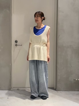 「CIAOPANIC TYPY（チャオパニックティピー）の【∴累計13万枚/21色/抗菌防臭】前後2WAY配色タンクトップ（タンクトップ、ブルー系）」を使った、ささきともみさん（レディース・158cm）の夏コーディネート