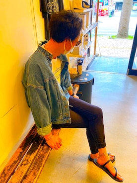 「no brand（ノーブランド）のアイテム（ノーカラージャケット）」を使った、ハイリさん（メンズ・177cm）の秋コーディネート
