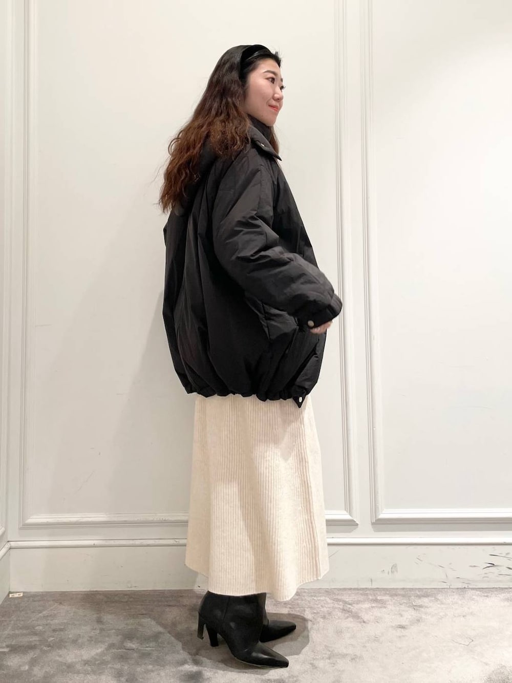 「ベーシック/シンプル、着痩せ・細見え、女子ウケ」｜「BABYLONEの中綿ブルゾンコート（ブルゾン、グレー系）」を使った、pocustagramさん（レディース・162cm）の冬コーディネートの1枚目の写真