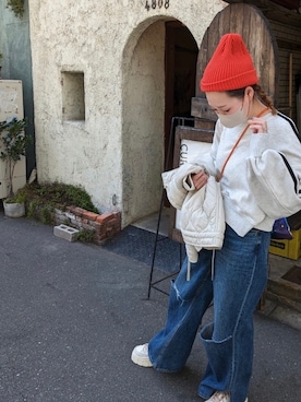 「DISCOAT（ディスコート）のアイテム（ニットキャップ/ビーニー）」を使った、miさん（レディース・163cm）の春コーディネート