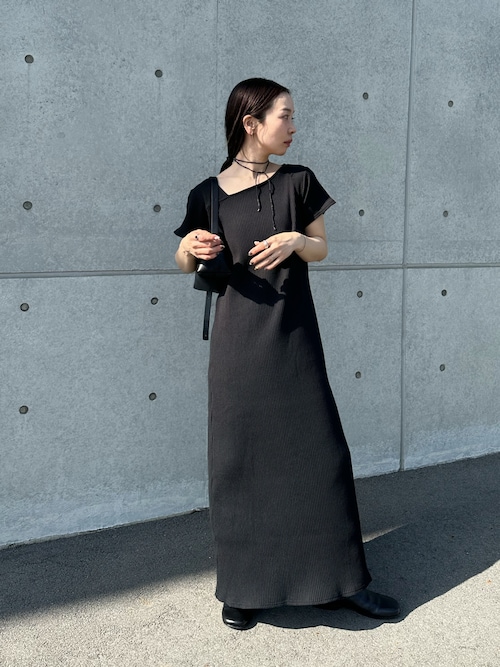 ワンピース an* セール】【全骨格細見え】アシメネックハーフスリーブリブワンピース