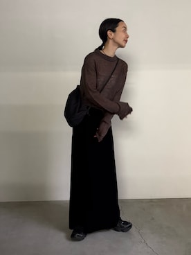 「select MOCA by son（セレクトモカバイソン）のシアーショートニットトップス【by SON】（ニット/セーター、ブラウン系）」を使った、sonさん（レディース・161cm）の秋コーディネート