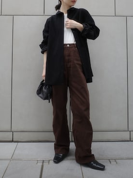 「select MOCA by son（セレクトモカバイソン）のコーデュロイオーバーシャツ【by SON】（シャツ/ブラウス、ブラック系）」を使った、sonさん（レディース・161cm）の秋コーディネート