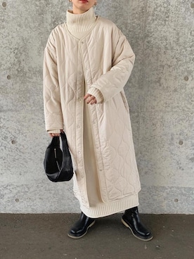 「Riberry（リベリー）のキルティングロングコート（ノーカラーコート）」を使った、sonさん（レディース・159cm）の秋コーディネート