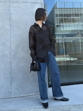 「select MOCA by son（セレクトモカバイソン）のフラワーエンブロイダリーシアーオーバーサイズシャツ【セットアップ対応】【by SON】（シャツ/ブラウス、ブラック系）」を使った、sonさん（レディース・161cm）の春コーディネート