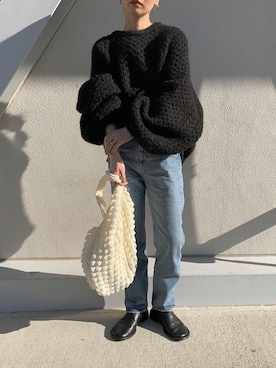 「ケーブルニット」｜「アイテム（スリッポン）」を使った、sonさん（レディース・159cm）の冬コーディネート