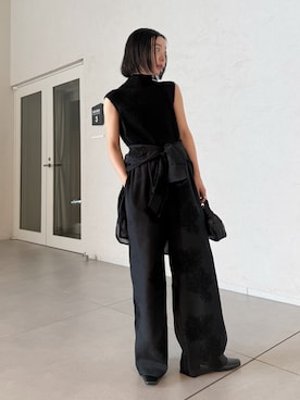 「select MOCA by son（セレクトモカバイソン）のフラワーエンブロイダリーシアーワイドパンツ【セットアップ対応】【by SON】（その他パンツ、ブラック系）」を使った、sonさん（レディース・161cm）の春コーディネート