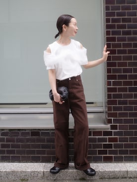「deux amour（ドゥーザムール）の異素材ノースリ―ブトップス（Tシャツ/カットソー、ホワイト系）」を使った、sonさん（レディース・161cm）の夏コーディネート