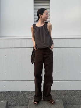 「select MOCA by son（セレクトモカバイソン）のサッカーチェックバルーンタンクトップ【by SON】（タンクトップ、ブラウン系）」を使った、sonさん（レディース・161cm）の夏コーディネート
