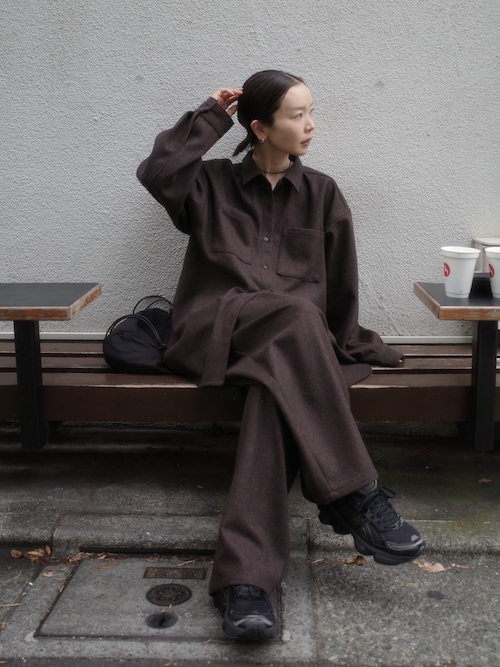 「select MOCA by son(セレクトモカバイソン)のウールライクオーバーシャツ【セットアップ対応】【by SON】(シャツ/ブラウス)」を使った、sonさん(レディース・161cm)の秋コーディネート