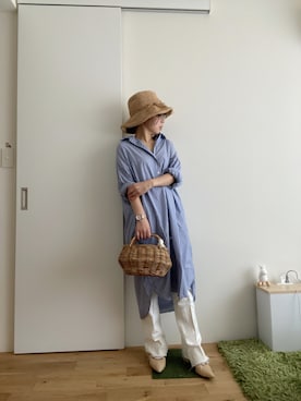 「麦わら帽子」｜「アイテム（シャツワンピース）」を使った、Mitsiさん（レディース・153cm）の春コーディネート