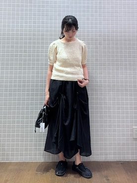 「KBF（ケイビーエフ）のテープヤーンパフスリーブニット（ニット/セーター、ホワイト系）」を使った、kanaさん（レディース・162cm）の夏コーディネート